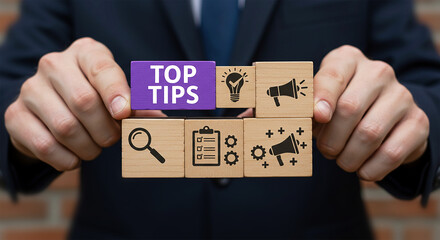 Top Tips and Business Advice Concept with Wooden Blocks Showing Ideas, Strategy, and Marketing