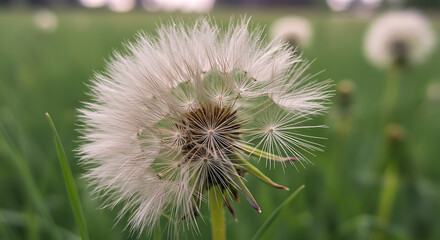 Close up of a fluffy dandelion seed head in a green grassy field with a shallow depth of field