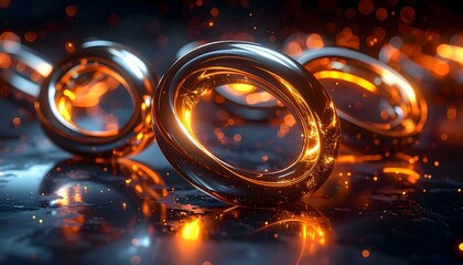 Metallic 3D Abstract Rings and Tubes in Motion with Reflective Surface on Dark Background