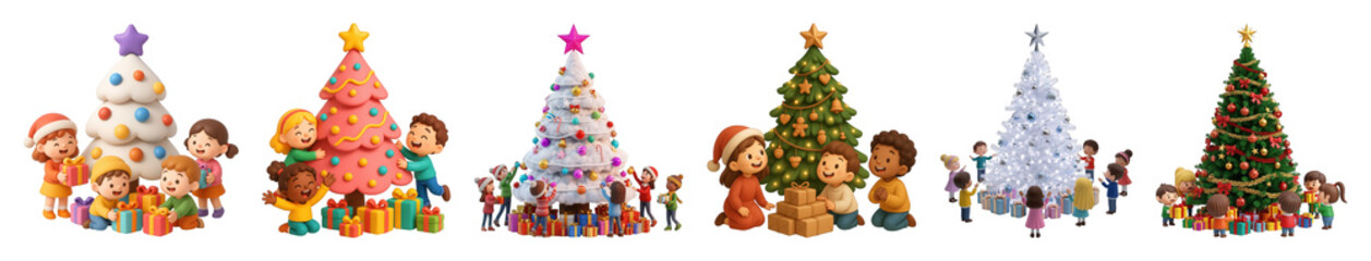 Christmas tree set including green, white, and pink decorated trees with happy children and gifts isolated. Festive holiday collection.