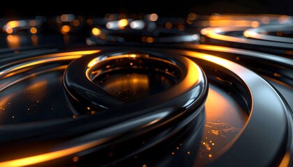Metallic 3D Abstract Rings and Tubes in Motion with Reflective Surface on Dark Background