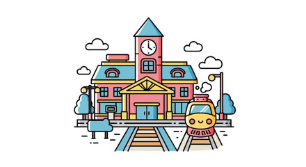 Colorful cartoon train station with clock tower and passenger train. © Ika