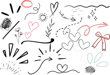 Hand-drawn Doodle Elements Hearts, Arrows, Flowers, and More - Perfect for Valentines Day, Wedding, or Romantic Designs