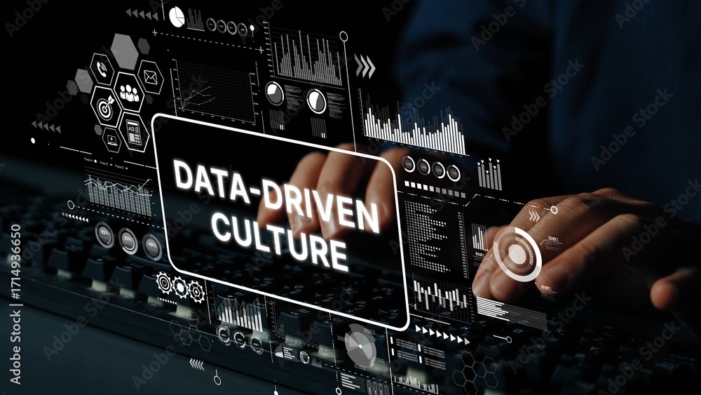 Poster innovative data-driven culture in a modern workspace with technology and analytics visuals. asymptot