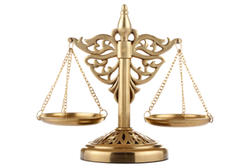 Antique brass justice scales symbol of law and balance isolated on white background