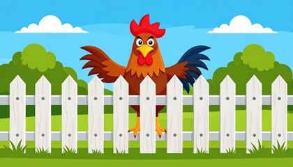 Rooster behind a white picket fence in a pastoral scene