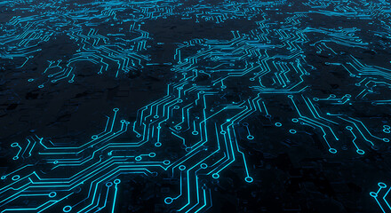 Abstract Circuit Board Design A Futuristic Technology Illustration in Blue on Dark Background