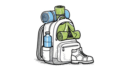 Colorful cartoon illustration of a hiking backpack packed with camping gear and a boot.