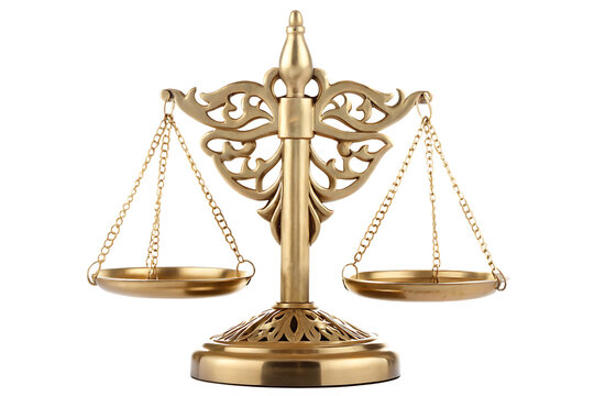Antique brass justice scales symbol of law and balance isolated on white background