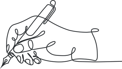 Single one line drawing of hand writing with a pen on paper vector Pro Vector