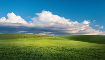 Obraz premium Minimalist Landscape Painting Of Cloudy Sky And Green Field