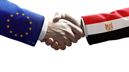 Handshake between European Union and Egypt symbolizing diplomacy, partnership, trade, and international relations on a black background.