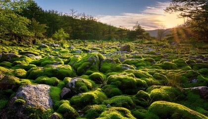Fototapeta premium Lush Green Moss Covering Rocky Terrain In A Serene Natural Setting During Daylight Hours