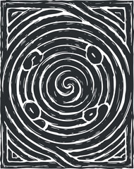 An abstract black and white spiral design featuring concentric lines and organic shapes.