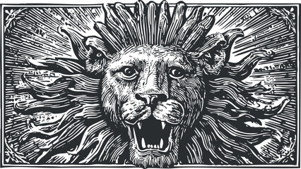 A striking black and white illustration of a roaring lion's face with flowing mane.