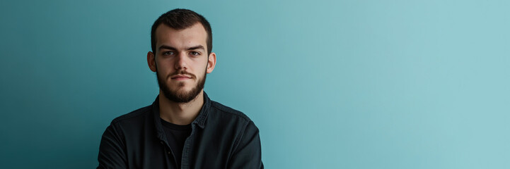 Fototapeta premium Confident Young Man with Beard Posing Against a Solid Color Background
