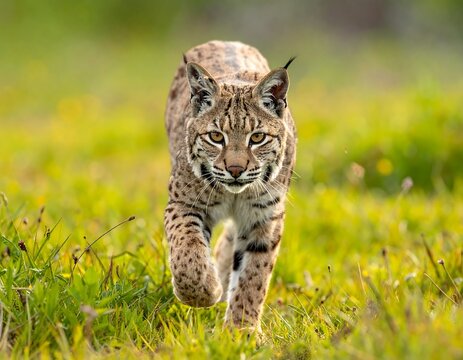 A majestic bobcat strides through a vibrant meadow, showcasing its striking patterns and keen gaze. - Powered by Adobe