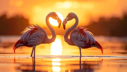 Two flamingos facing each other at sunset