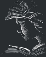 A stylized illustration of a woman reading a book in profile view with elegant lines.