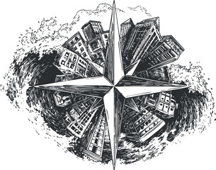 A stylized compass surrounded by urban buildings and ocean waves in an artistic illustration.