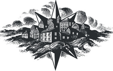 A detailed black and white illustration of a village landscape with a compass design.