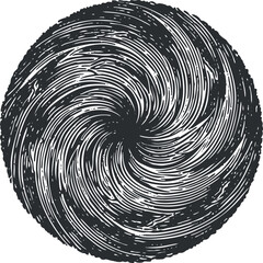 Abstract black and white swirl pattern depicting dynamic motion and energy in a circular design.