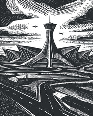 A stylized black and white illustration of a modern airport with dynamic architectural features.