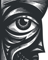 Stylized black and white illustration of an eye with abstract patterns and artistic details.
