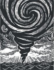 A dramatic illustration of a swirling tornado over ocean waves in black and white.