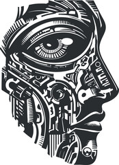 A detailed illustration of a robotic face blending human and machine features in a futuristic style.