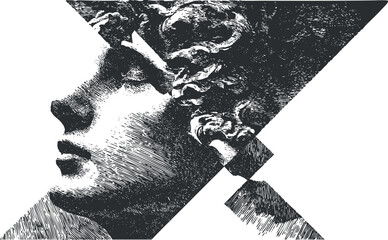 Abstract illustration of a classical sculpture profile in black and white with intricate details.