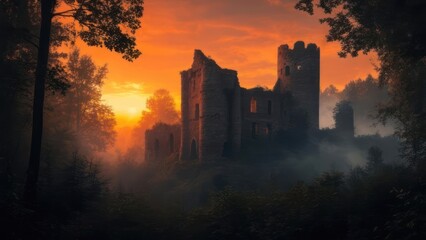 Fototapeta premium Ruined castle at sunset through mist
