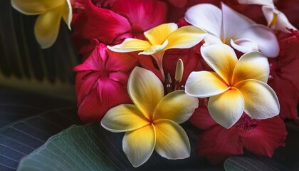 Fototapeta premium High Resolution Macro Photograph Of Blooming Tropical Flowers In Ubud Highlighting Detailed Frangipani And Hibiscus