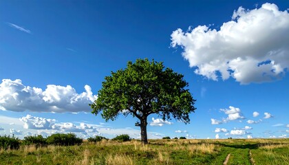 Fototapeta premium A solitary tree stands tall against a vibrant blue sky dotted with fluffy white clouds, its presence emphasizing the vastness of the open field.