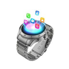 Sleek silver smartwatch with vibrant app icons, futuristic design, technology concept.