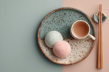 Strawberry daifuku on a ceramic plate, soft pastel tones and overhead view, food photography
