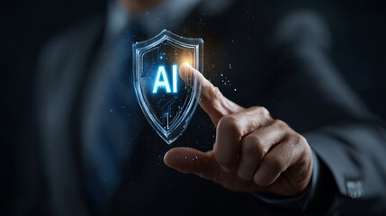 Confident businessman activates advanced AI security shield for digital protection and innovation.
