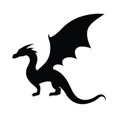 Fototapeta premium Black silhouette of a formidable winged dragon standing on white background