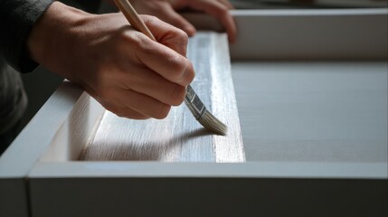 Hands painting wooden furniture with brush for home improvement and diy projects