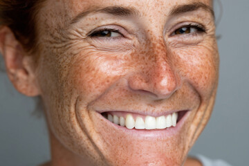 Obraz premium A woman with red hair and freckles is smiling