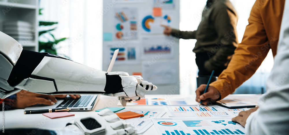 Poster a dynamic scene showcasing collaboration between humans and robots in a stylish office, emphasizing 