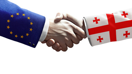Handshake between European Union and Georgia symbolizing diplomacy, partnership, cooperation, and international relations on a black background.