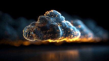 A digital cloud formation with glowing particles on a dark reflective surface and background effect