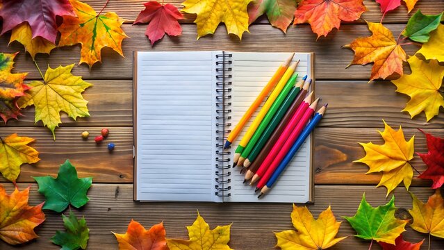 Open blank notebook with colorful pencils and scattered autumn maple leaves on a wooden table, ideal for journaling, drawing, or planning creative projects during the fall season