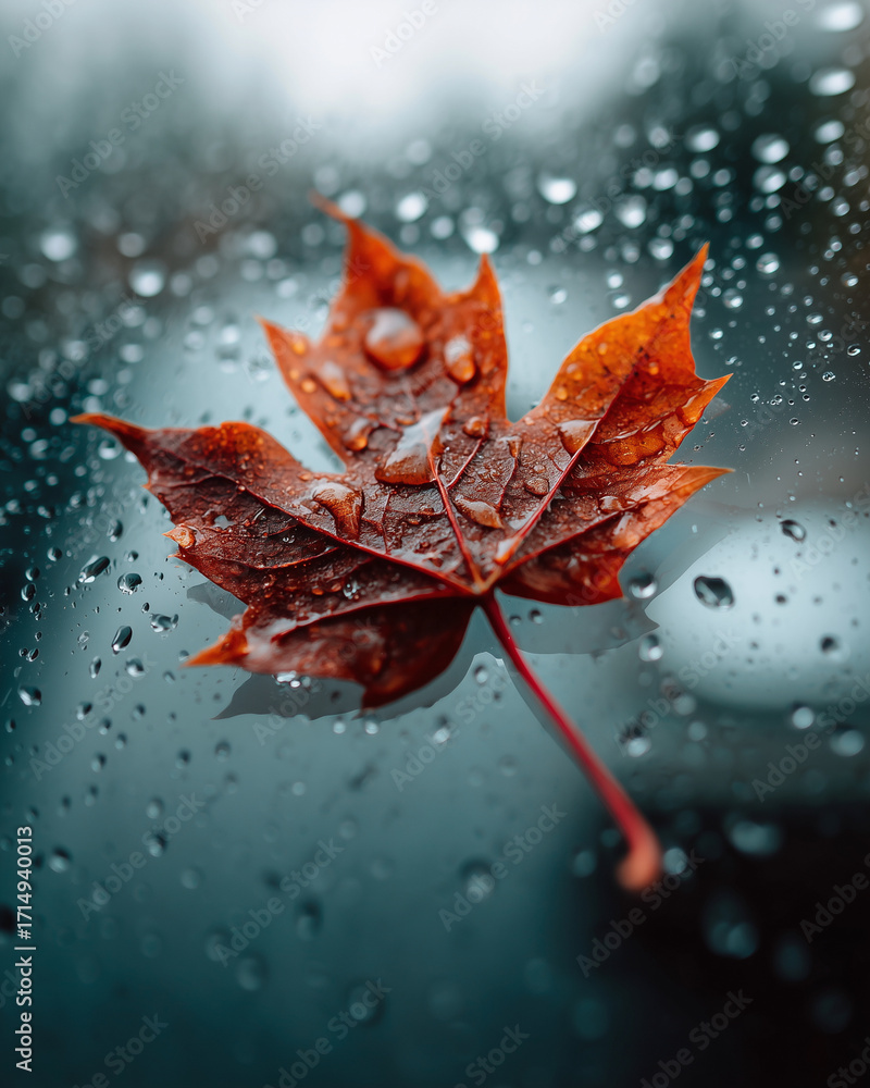 Poster a leaf is on a window sill with raindrops on it