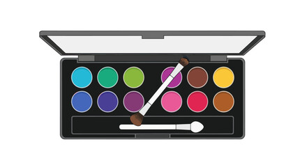 Open black eyeshadow palette with twelve vibrant colorful shades and two applicator brushes.