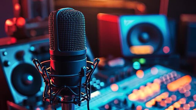 Podcast, radio, interview, music studio recording. Close-up of microphone on stage against a black background with lighting. Music instrument concept 