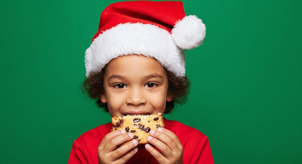 Adorable young boy in Santa hat joyfully eating delicious Christmas cookie against vibrant green backdrop creating perfect holiday cheer