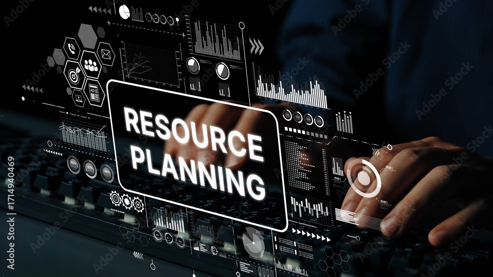 Poster hands on keyboard with digital resource planning interface and analytical graphs for business effici