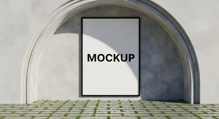 Vertical poster mockup with black frame in a concrete arched niche, featuring a textured wall and patterned ground with greenery.